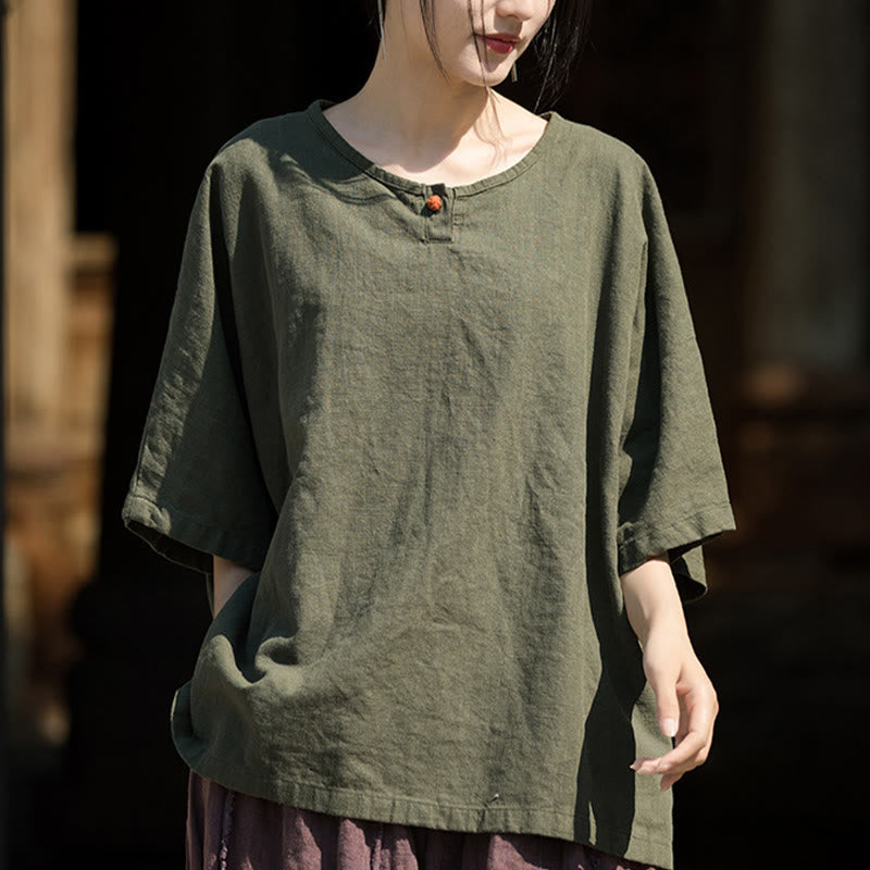 Buddha Stones Camiseta Casual de Manga Corta de Algodón y Lino de Ramio