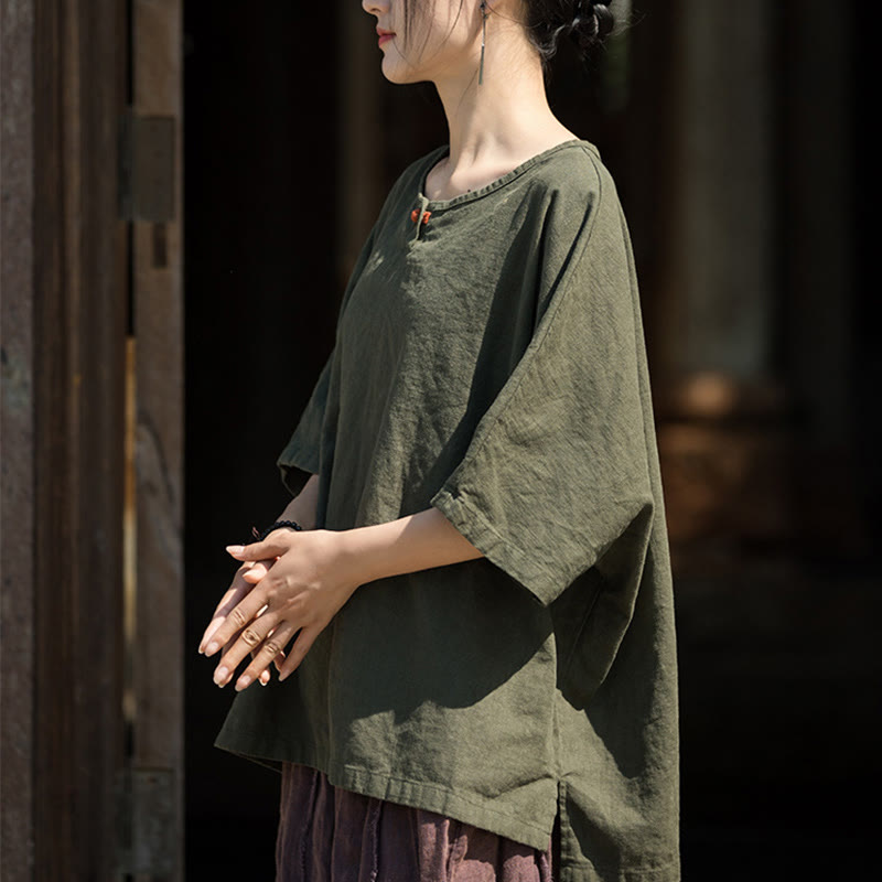 Buddha Stones Camiseta Casual de Manga Corta de Algodón y Lino de Ramio