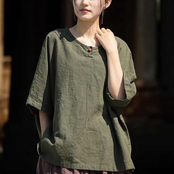 Buddha Stones Camiseta Casual de Manga Corta de Algodón y Lino de Ramio - image 13