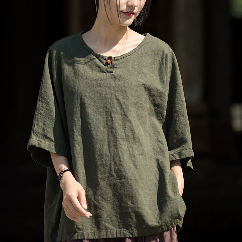 Buddha Stones Camiseta Casual de Manga Corta de Algodón y Lino de Ramio