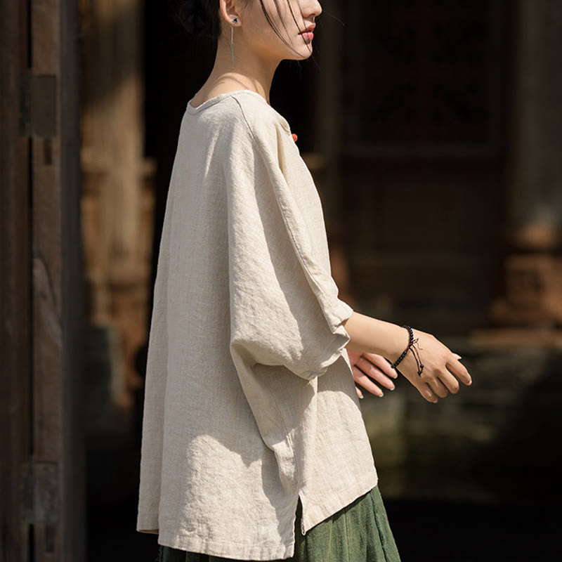 Buddha Stones Camiseta Casual de Manga Corta de Algodón y Lino de Ramio