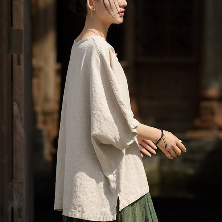 Buddha Stones Camiseta Casual de Manga Corta de Algodón y Lino de Ramio