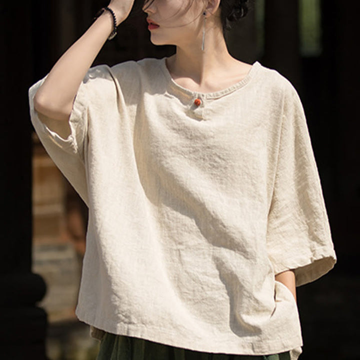 Buddha Stones Camiseta Casual de Manga Corta de Algodón y Lino de Ramio