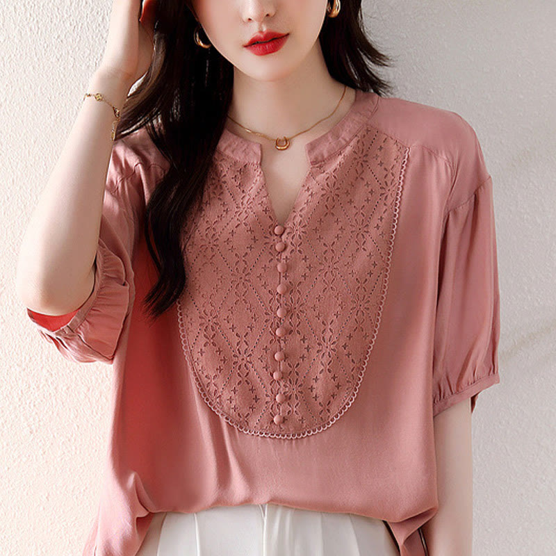 Camiseta de manga corta con diseño de botones rosas y cuello en V de Buddha Stones - image 14