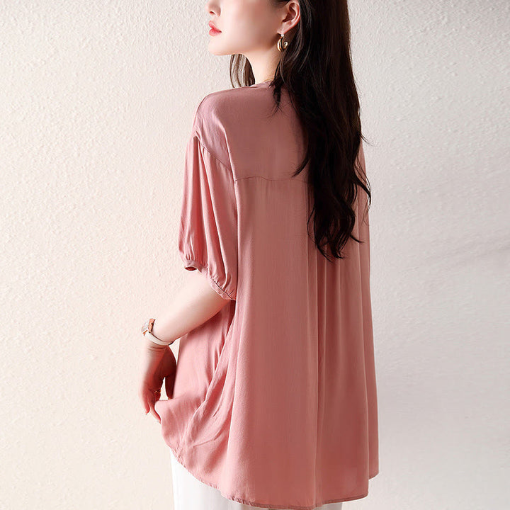 Camiseta de manga corta con diseño de botones rosas y cuello en V de Buddha Stones - image 3