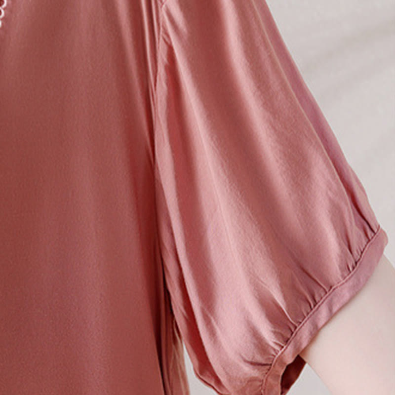 Camiseta de manga corta con diseño de botones rosas y cuello en V de Buddha Stones - image 8