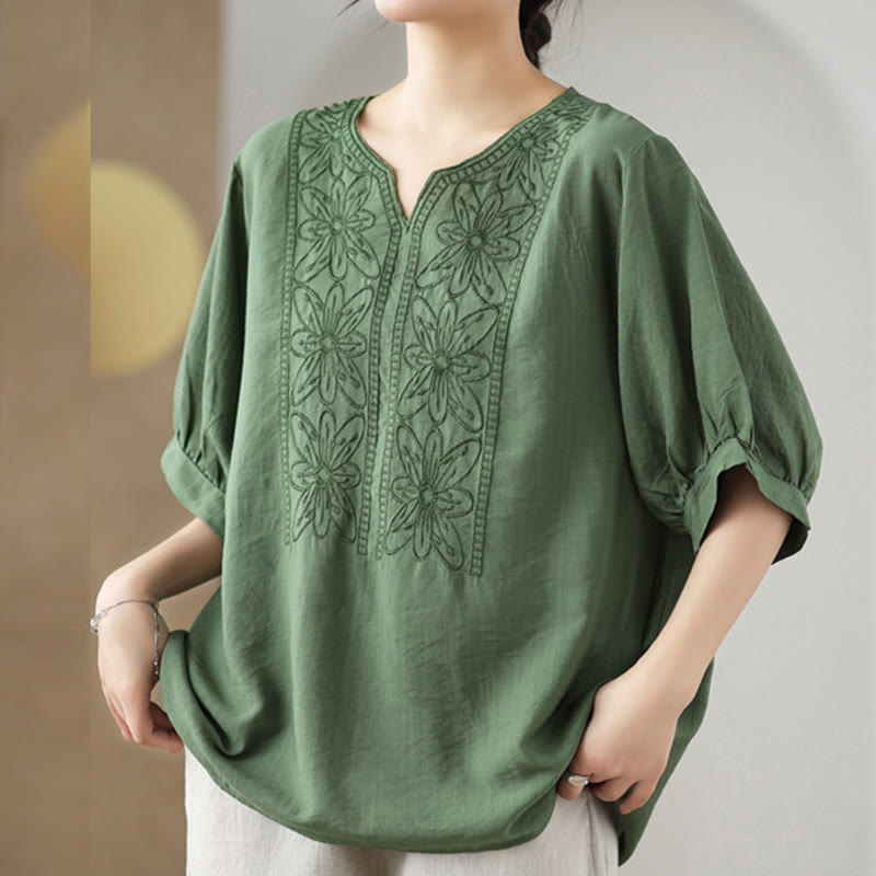 Diseño de Bordado de Flores Buddha Stones Camiseta de Manga Corta de Algodón y Lino - Verde mar oscuro - F (Apto para US4-6; UK/AU8-10; UE 36-38) - image 0