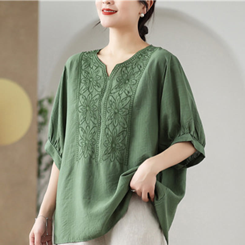 Diseño de Bordado de Flores Buddha Stones Camiseta de Manga Corta de Algodón y Lino - image 8