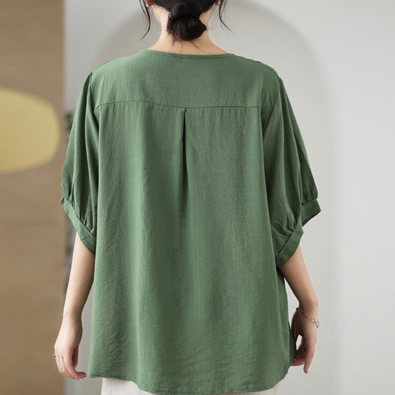 Diseño de Bordado de Flores Buddha Stones Camiseta de Manga Corta de Algodón y Lino - image 2