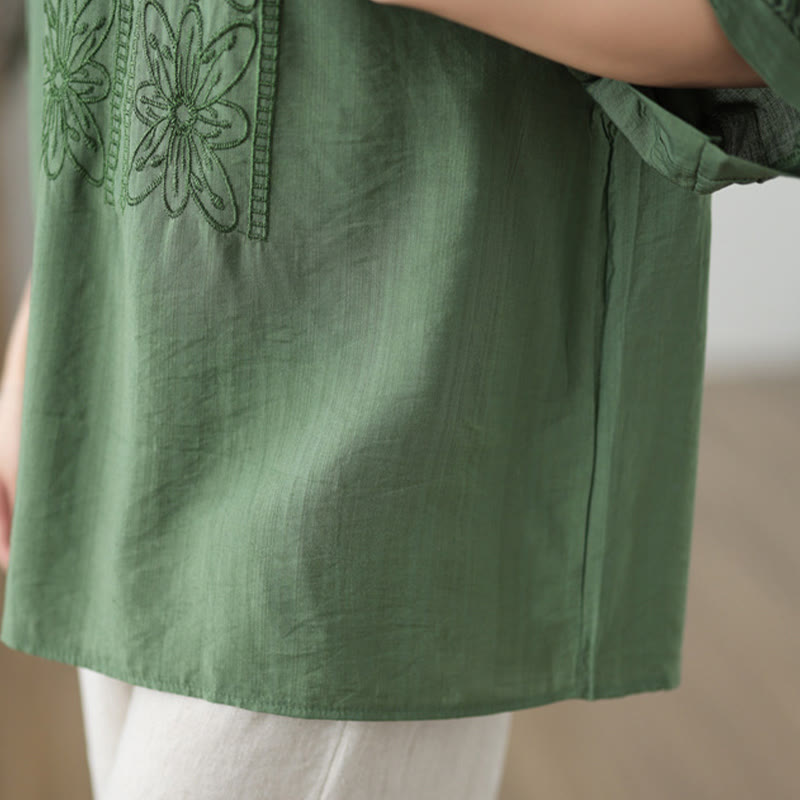 Diseño de Bordado de Flores Buddha Stones Camiseta de Manga Corta de Algodón y Lino - image 7