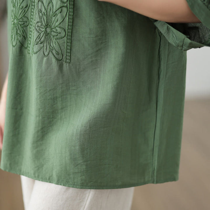 Diseño de Bordado de Flores Buddha Stones Camiseta de Manga Corta de Algodón y Lino - image 7