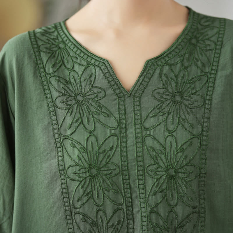 Diseño de Bordado de Flores Buddha Stones Camiseta de Manga Corta de Algodón y Lino - image 5