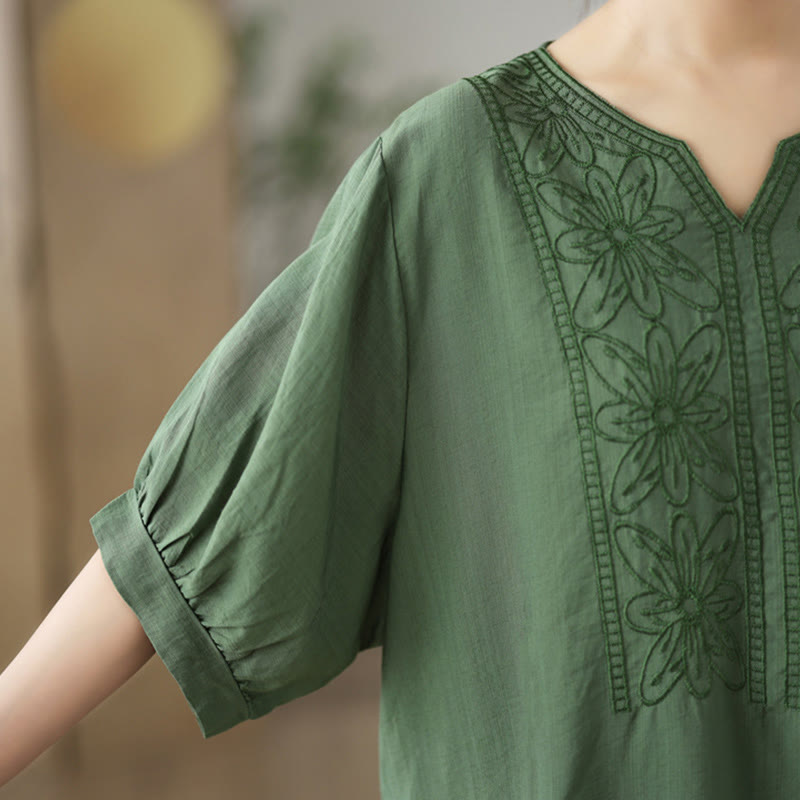 Diseño de Bordado de Flores Buddha Stones Camiseta de Manga Corta de Algodón y Lino - image 6