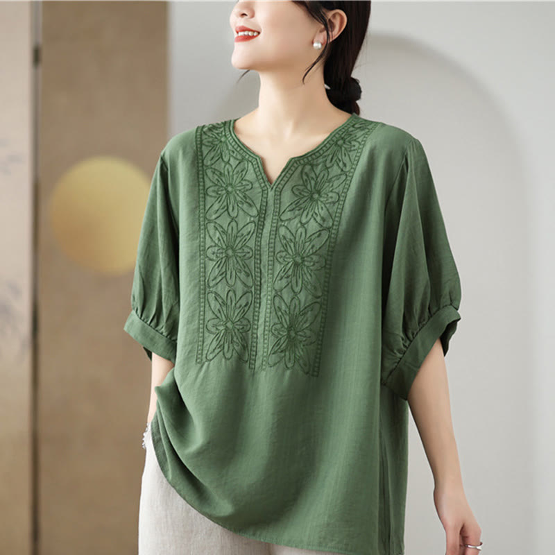 Diseño de Bordado de Flores Buddha Stones Camiseta de Manga Corta de Algodón y Lino - image 4