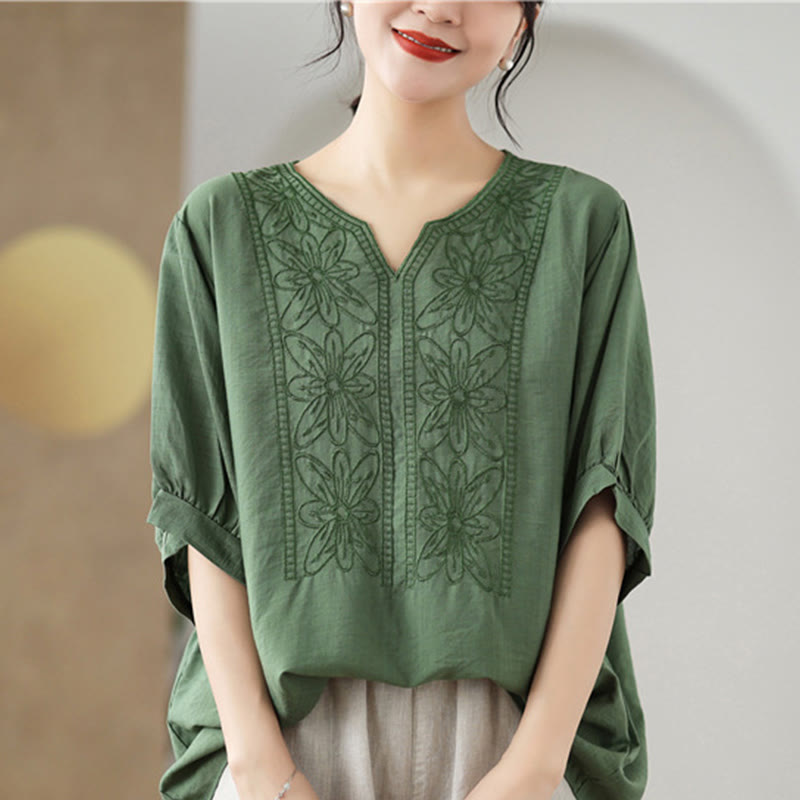 Diseño de Bordado de Flores Buddha Stones Camiseta de Manga Corta de Algodón y Lino - image 1