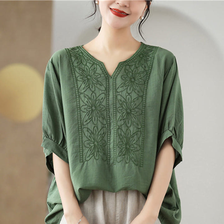 Diseño de Bordado de Flores Buddha Stones Camiseta de Manga Corta de Algodón y Lino - image 1