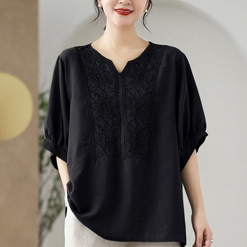 Diseño de Bordado de Flores Buddha Stones Camiseta de Manga Corta de Algodón y Lino - image 12