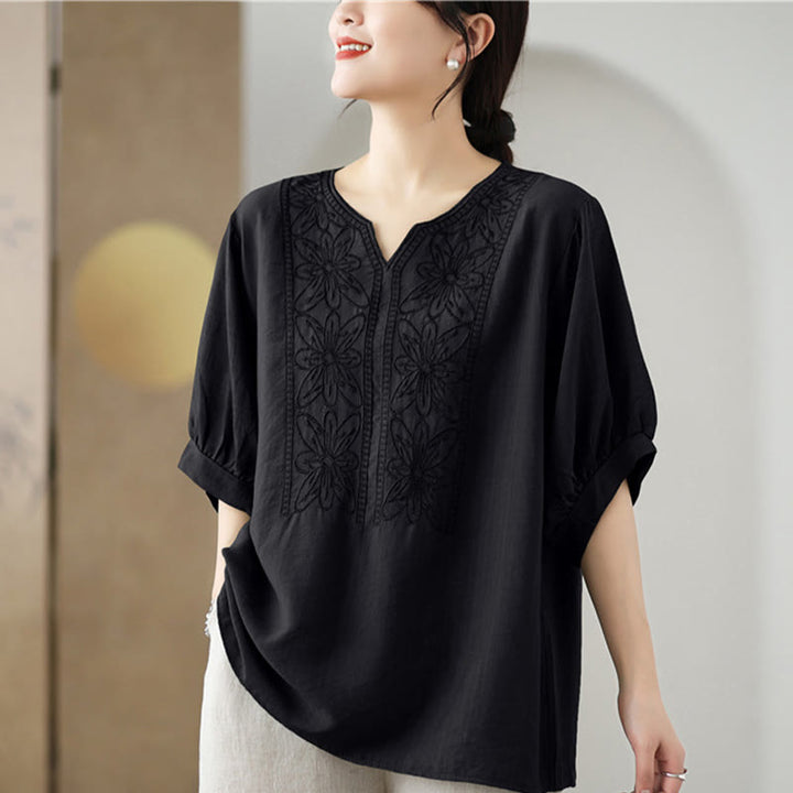 Diseño de Bordado de Flores Buddha Stones Camiseta de Manga Corta de Algodón y Lino - image 13