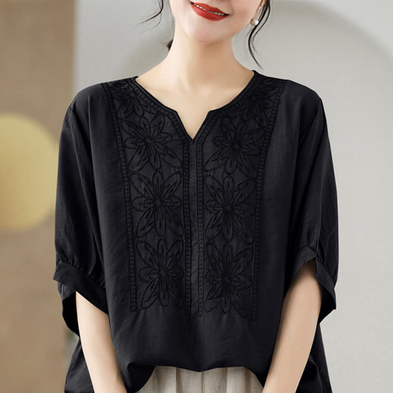 Diseño de Bordado de Flores Buddha Stones Camiseta de Manga Corta de Algodón y Lino - Negro - F (Apto para US4-6; UK/AU8-10; EU36-38) - image 11