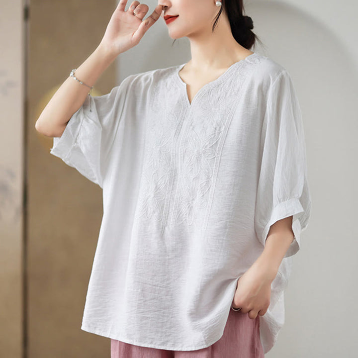 Diseño de Bordado de Flores Buddha Stones Camiseta de Manga Corta de Algodón y Lino - image 18