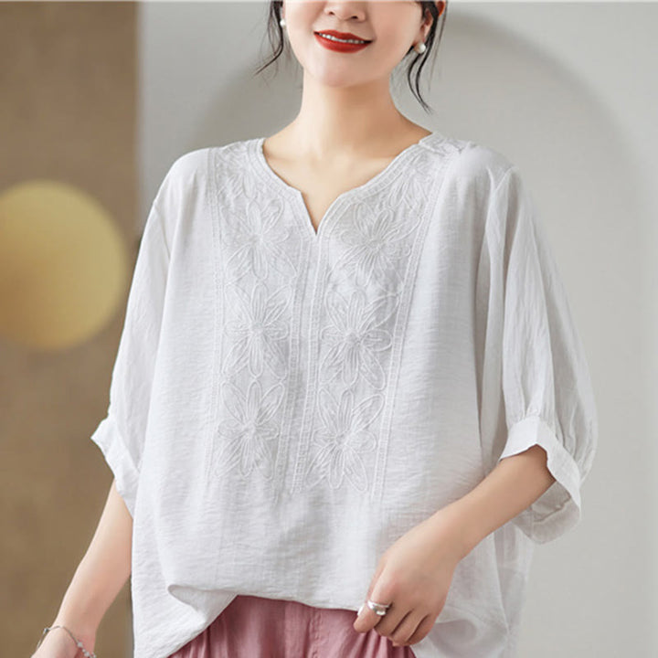 Diseño de Bordado de Flores Buddha Stones Camiseta de Manga Corta de Algodón y Lino - image 20