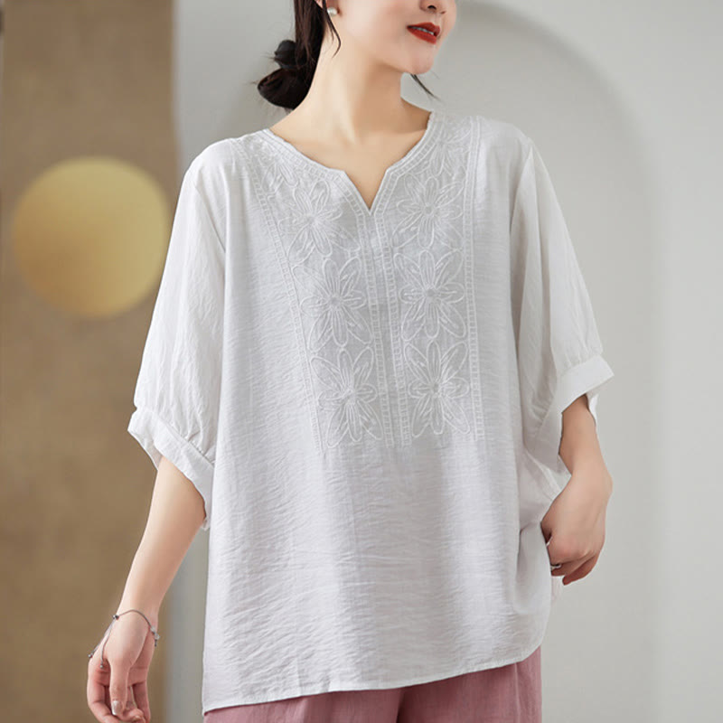 Diseño de Bordado de Flores Buddha Stones Camiseta de Manga Corta de Algodón y Lino - image 16