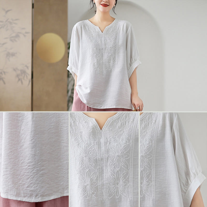 Diseño de Bordado de Flores Buddha Stones Camiseta de Manga Corta de Algodón y Lino - image 19