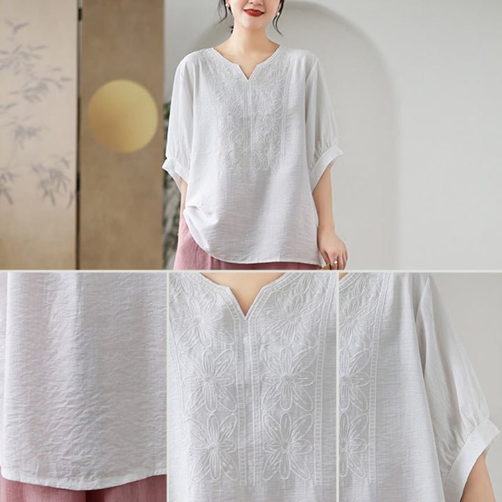 Diseño de Bordado de Flores Buddha Stones Camiseta de Manga Corta de Algodón y Lino - image 19