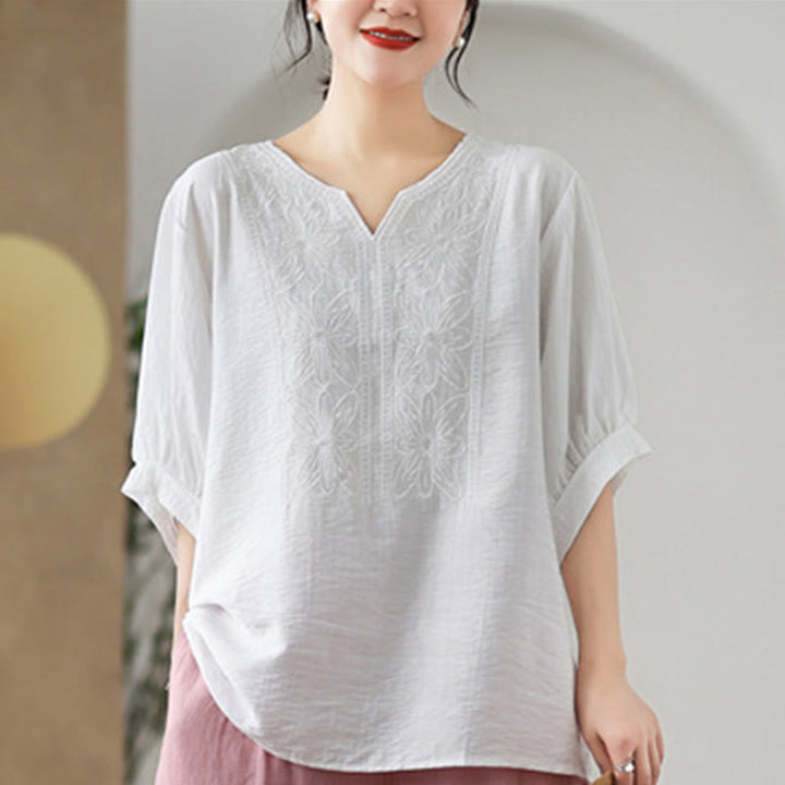 Diseño de Bordado de Flores Buddha Stones Camiseta de Manga Corta de Algodón y Lino - image 21