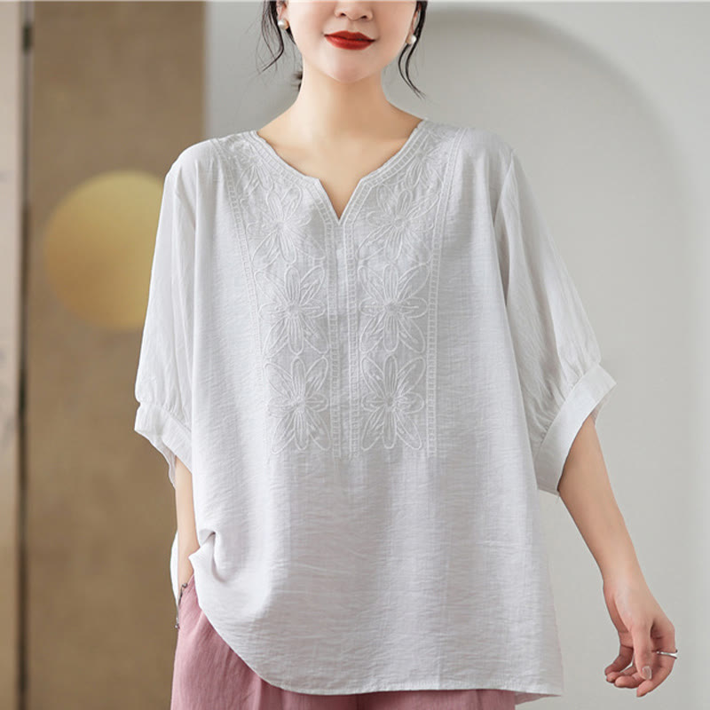 Diseño de Bordado de Flores Buddha Stones Camiseta de Manga Corta de Algodón y Lino - Blanco - F (Apto para US4-6; UK/AU8-10; EU36-38) - image 15