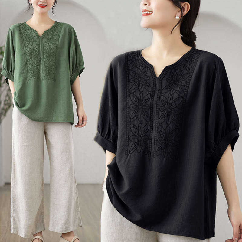 Diseño de Bordado de Flores Buddha Stones Camiseta de Manga Corta de Algodón y Lino - image 14