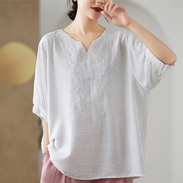 Diseño de Bordado de Flores Buddha Stones Camiseta de Manga Corta de Algodón y Lino - image 17