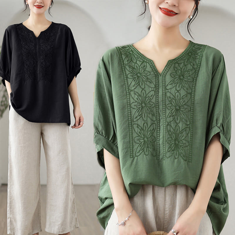 Diseño de Bordado de Flores Buddha Stones Camiseta de Manga Corta de Algodón y Lino - image 10