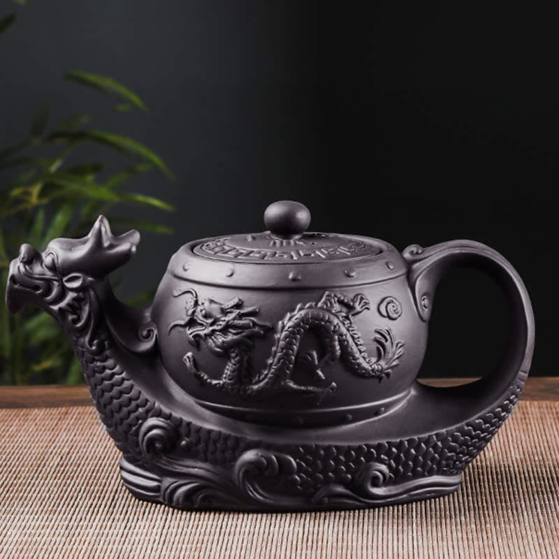 Tetera de cerámica de arcilla púrpura con nubes propicias de dragón Vintage con Buddha Stones