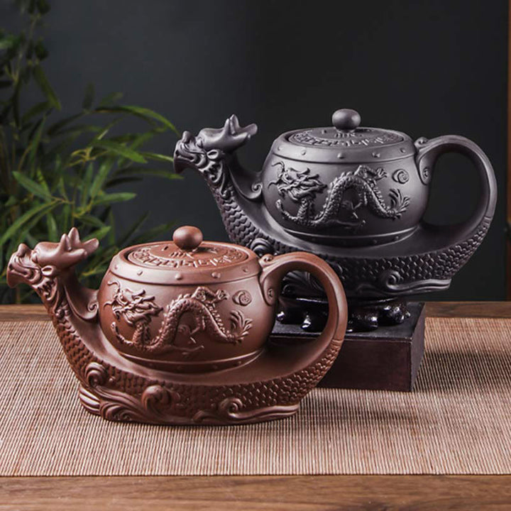 Tetera de cerámica de arcilla púrpura con nubes propicias de dragón Vintage con Buddha Stones