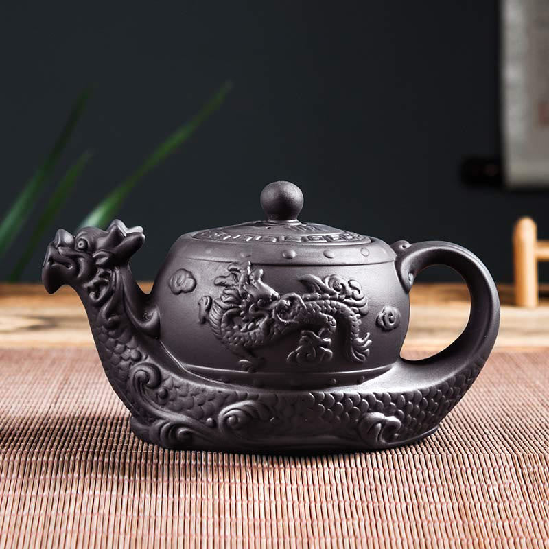 Tetera de cerámica de arcilla púrpura con nubes propicias de dragón Vintage con Buddha Stones