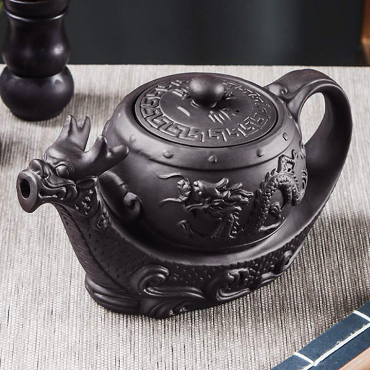 Tetera de cerámica de arcilla púrpura con nubes propicias de dragón Vintage con Buddha Stones