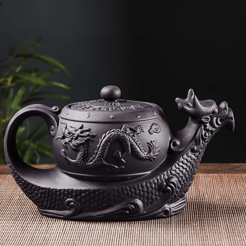 Tetera de cerámica de arcilla púrpura con nubes propicias de dragón Vintage con Buddha Stones