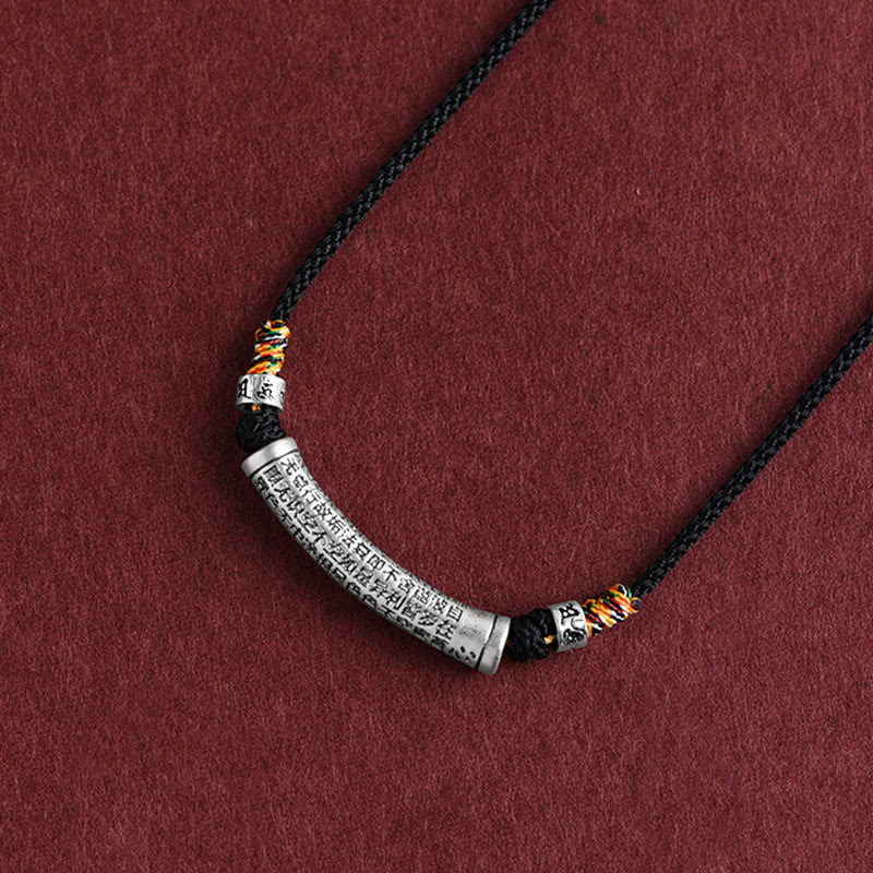 Buddha Stones Collar de colgante de cuerda Sutra del corazón de las seis palabras verdaderas de plata esterlina 999 - Negro (Sutra de las Seis Palabras Verdaderas y del Corazón) - image 1