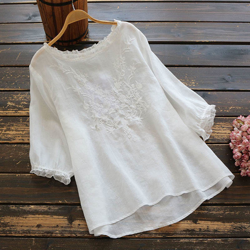 Camiseta de cuello redondo con diseño de flores bordadas para mujer con Buddha Stones - Blanco - US14, UK/AU18, EU46 (4XL) - image 2