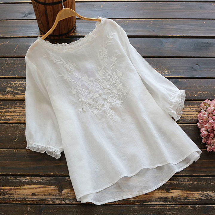 Camiseta de cuello redondo con diseño de flores bordadas para mujer con Buddha Stones - Blanco - US14, UK/AU18, EU46 (4XL) - image 2