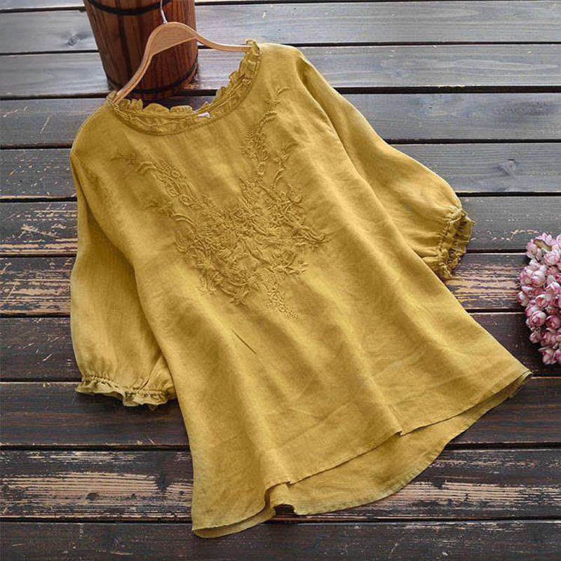 Camiseta de cuello redondo con diseño de flores bordadas para mujer con Buddha Stones - Chifón de limón - US14, UK/AU18, EU46 (4XL) - image 8