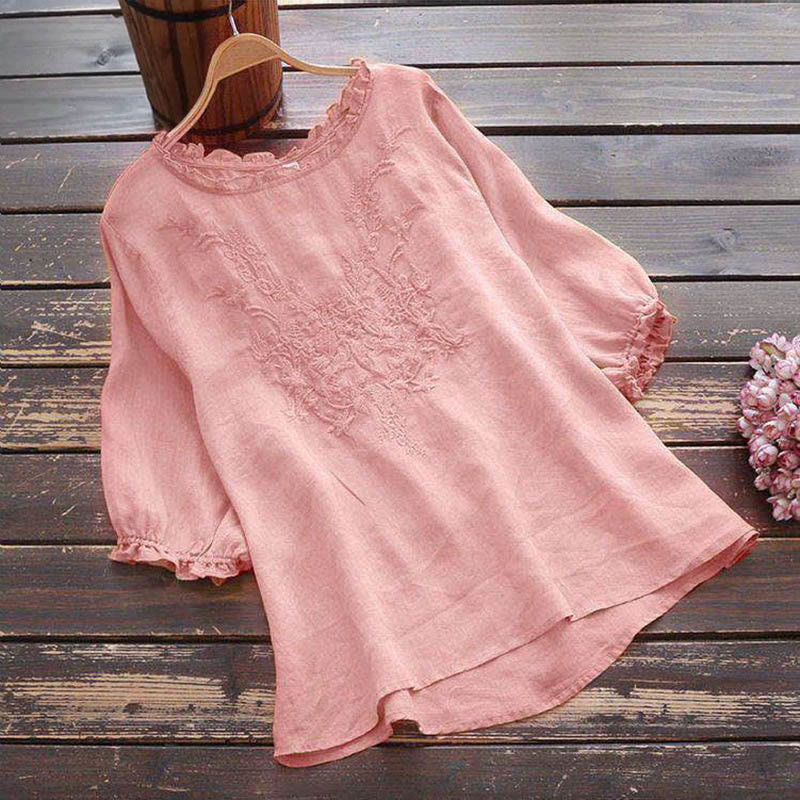 Camiseta de cuello redondo con diseño de flores bordadas para mujer con Buddha Stones - rosa claro - US14, UK/AU18, EU46 (4XL) - image 14