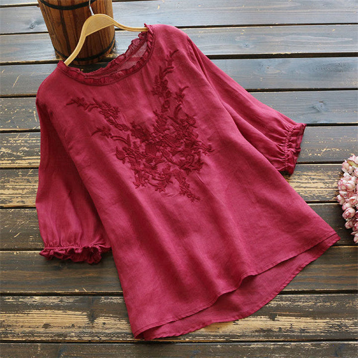 Camiseta de cuello redondo con diseño de flores bordadas para mujer con Buddha Stones - Coral claro - US14, UK/AU18, EU46 (4XL) - image 6