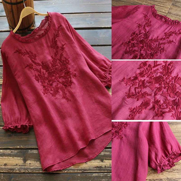 Camiseta de cuello redondo con diseño de flores bordadas para mujer con Buddha Stones - image 7