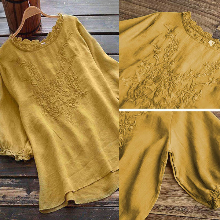Camiseta de cuello redondo con diseño de flores bordadas para mujer con Buddha Stones - image 9