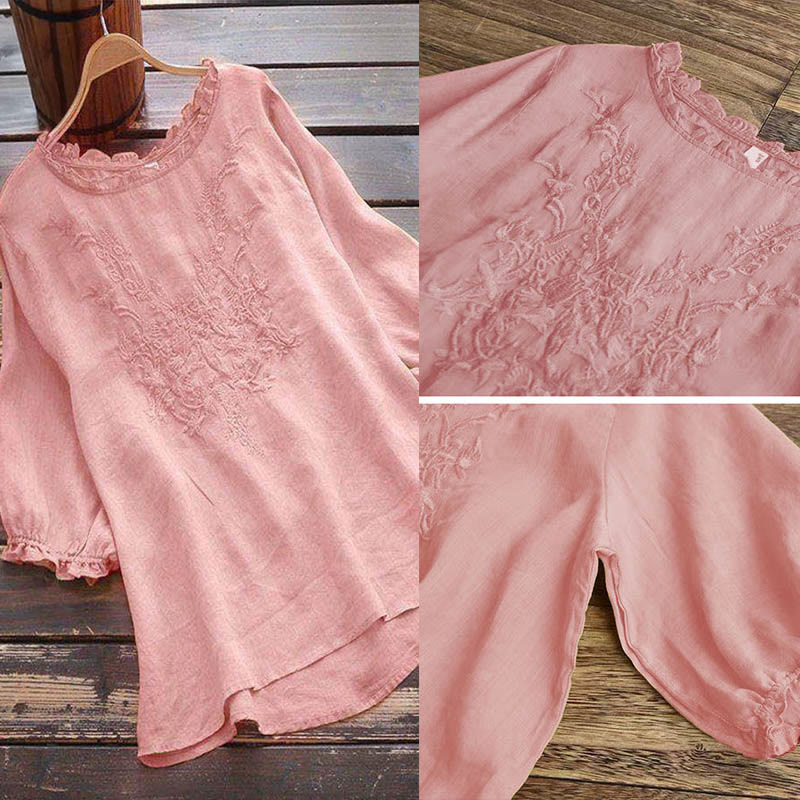 Camiseta de cuello redondo con diseño de flores bordadas para mujer con Buddha Stones - image 15