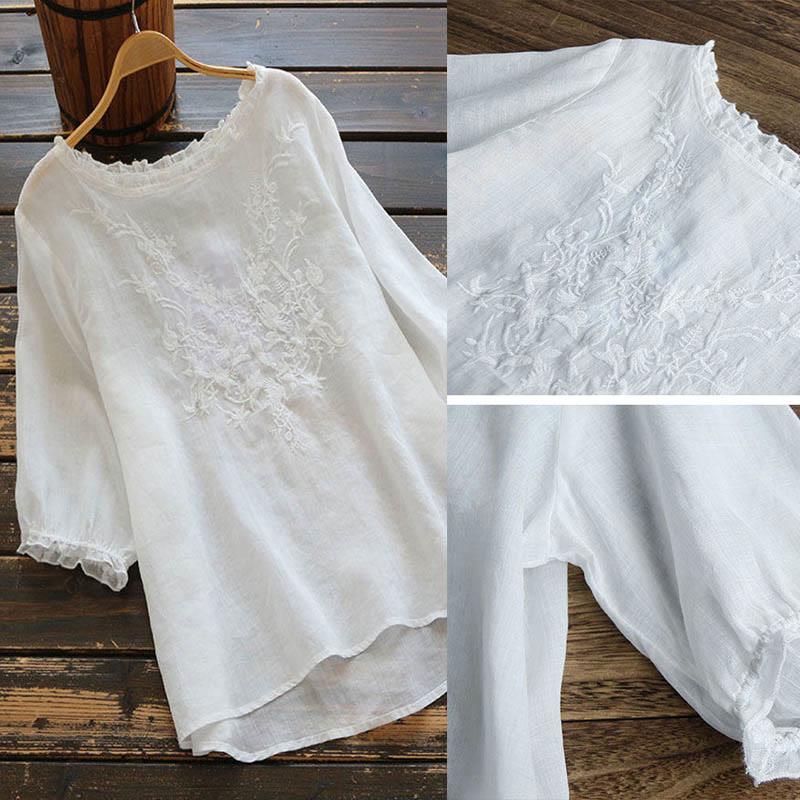 Camiseta de cuello redondo con diseño de flores bordadas para mujer con Buddha Stones - image 3