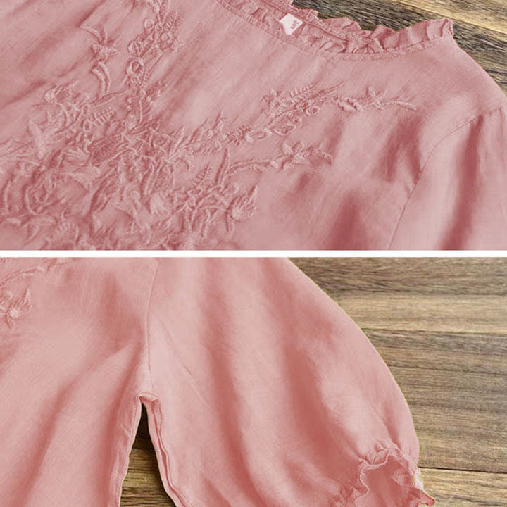 Camiseta de cuello redondo con diseño de flores bordadas para mujer con Buddha Stones - image 16