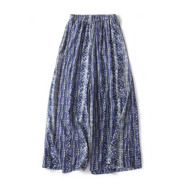 Pantalones anchos de lino y algodón con estampado de rayas azules y Buddha Stones y bolsillos - image 2
